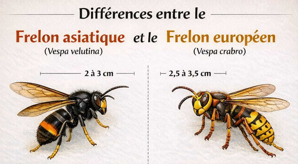 Dessin repésentant côte à côte un frelon asiatique et un frelon européen.