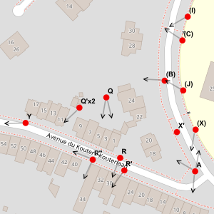 extrait d'un plan situant les appâts et les directions de vol de frelons asiatiques constatées